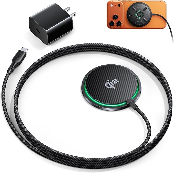 INIU Magnetic Wireless Charger Qi2 15W Fast Charging Pad Travel Charger | MagSafe-Compatible with LED Light Cooling Fan Smart Protection for iPhone 17-12 Series AirPods 4-2(20W Adapter Included)