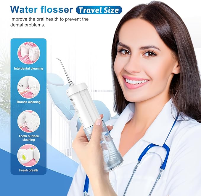 JNGOODS Mini Cordless Portable Water Flosser Oral Irrigator Water Teeth Cleaner Pick, Telescopic Water Tank, 4 Modes & IPX7 Waterproof, Home & Travel Water Flossers for Teeth, Braces Bridges Care.