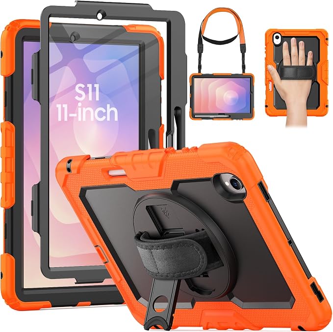 HXCASEAC Case for Samsung Galaxy Tab S10+ Plus / S9 Fe+ / S9+ 5G 12.4 inch Protective with Screen Protector/S Pen Holder/ 360 Rotating Stand Hand Strap - Black