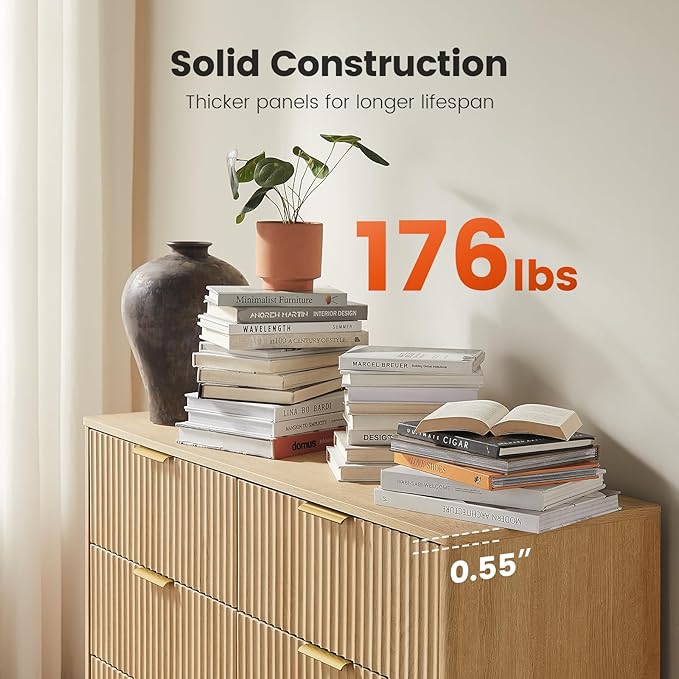 Amada Modern 6 Drawer Dresser, Fluted Wood Chest of Drawers with Rounded Corners, Pre-Installed Drawer Slides, Dresser TV Stand and Storage Organizer for Bedroom, Hallway, Natural Oak