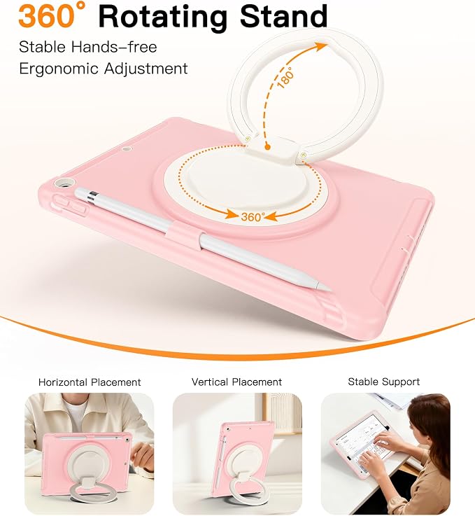 BATYUE Shockproof Case for iPad 9th 8th 7th Gen 10.2 Inch Black | 3in1 PC+TPU Heavy Duty 360° Rotatable Ring Stand for Grip Carry Hang &amp Multi-Angle View Screen Protector Pencil Holder