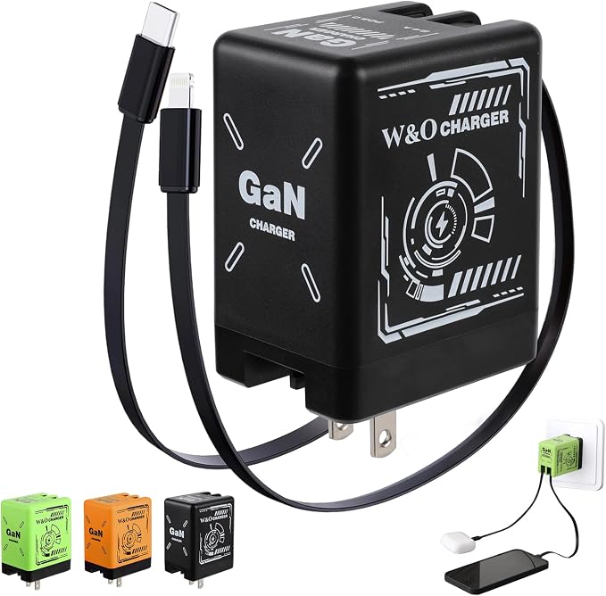 2-in-1 GaN Charger Fast Charging with Lightning and Type-C Cables Black | Retractable Phone Chargers Foldable fast charger Compatible with iPhone&ampMost Android