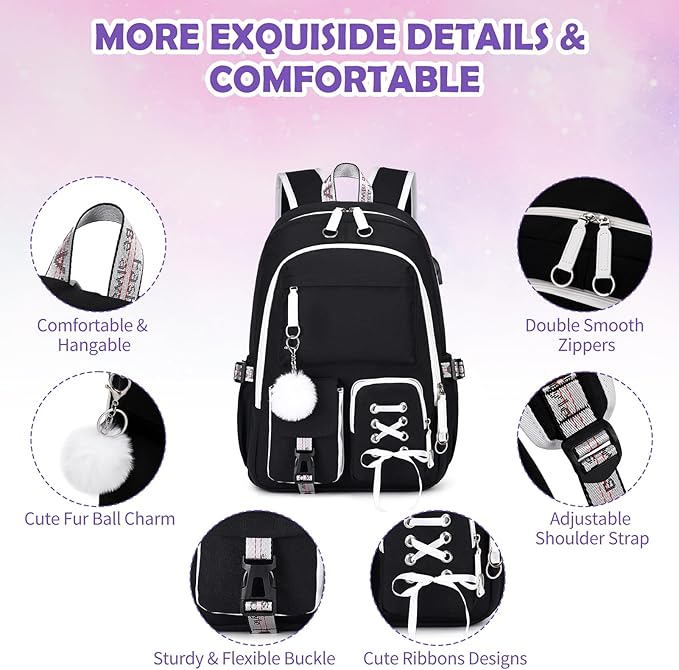 Backpacks for Girls, Girls Backpack with Lunch Box and Pencil Case for Teen Kids Elementary Middle High School College Student, Children School Backpack Bookbag with USB Charging Port (Black)