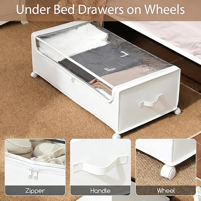 FOUCSSOMEI Under Bed Storage with Wheels, Rolling Under bed Storage with Metal Frame, Under Bed Shoe Storage for Space Saving, Zippered Clear Lid, Heavy-Duty Steel Base for Clothes, White,4XL 90L