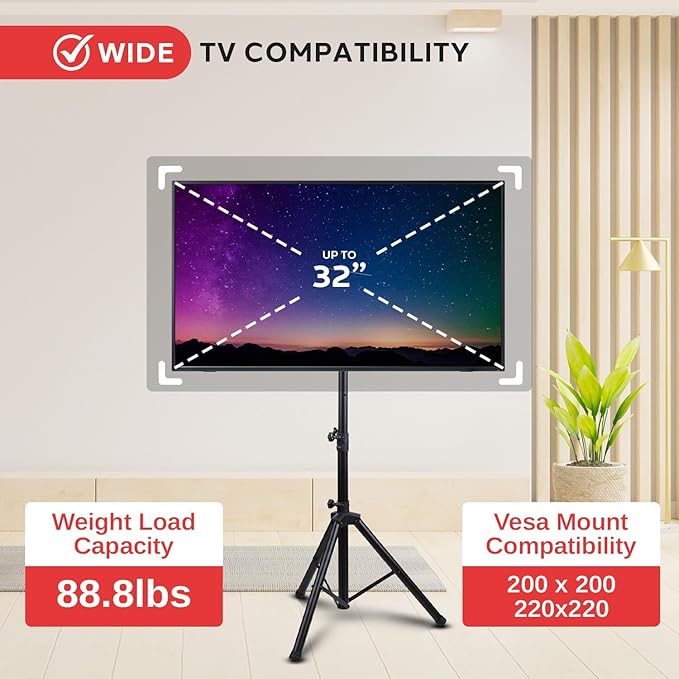 Pyle Premium LCD Flat Panel TV Tripod Stand, Portable & Foldable TV Mount for LCD/LED Flat Screen TVs up to 32", Adjustable Height, 88.8 lbs Capacity, VESA 100x200/200x200 - (PTVSTNDPT3215)