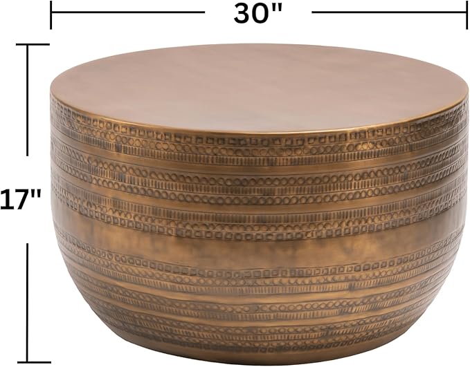 Modern Round Aluminum Hammered Embossed Texturing Metal Drum Coffee Table, Hand-Stamped Iron, Boho Accent Cylinder Drum Coffee Table, Cocktail Table, for The Living Room and Bedroom, Brass