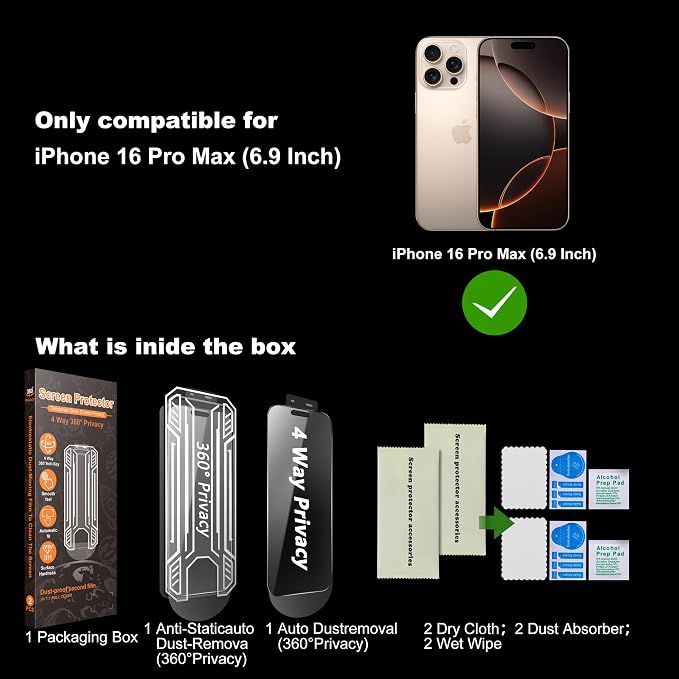 [2-Pack] 360° 4-Way Privacy Screen Protector Compatible with iPhone 17 Pro Max. Full Surround Anti-Spy 9H Hardness Anti-Fingerprint Bubble-Free. Includes Dust-Free Applicator &amp Replacement Fil