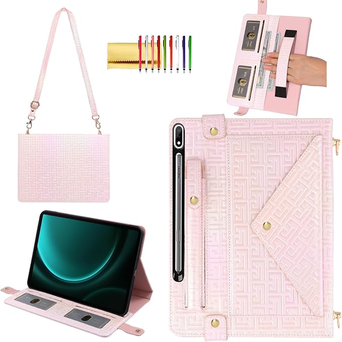 Handbag Case for Samsung Galaxy Tab S10 FE/S9 FE 10.9/S9/S8/S7 11 Techcircle Folio Stand Crossbody Wallet Protective Cover with S Pen Holder &amp Card Slots Hand Strap &amp Shoulder Strap Black