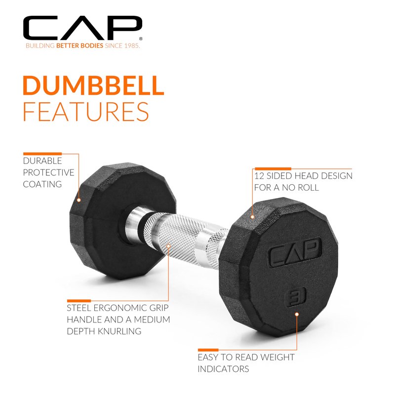 CAP 3 LB 12-Sided Rubber Coated Dumbbell Weight, Rubber Free Weights for Home Gym Strength Training, Chrome Handle, Single