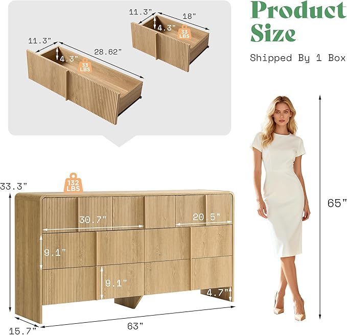 AMERLIFE 63" Fluted 7 Drawer Dresser, Long Modern Chest of Storage Drawers with Pine Handles, Rounded Corners & Anti-Tip Design, Wood Closet Organizer for Bedroom, Living Room, Nursery, Natural Oak
