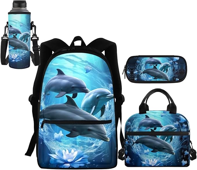 4 IN 1 Adorable Dolphin Backpack for Girls School Bag with Insulated Lunch Box Pencil Case Boys Water Bottle Sleeve Kids School Backpacks Elementary Kindergarten Preschool Bookbag