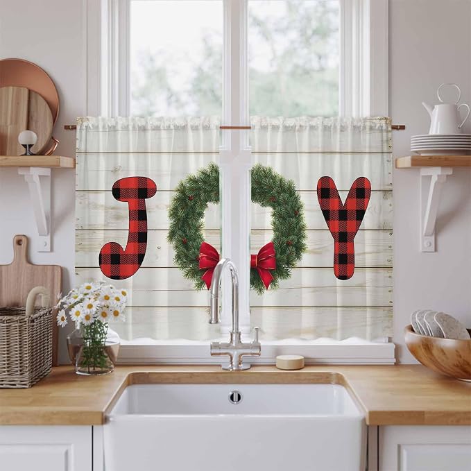 Christmas Wreaths Kitchen Tier Curtains 45 Inch Long 2 Panel Set, Rod Pocket