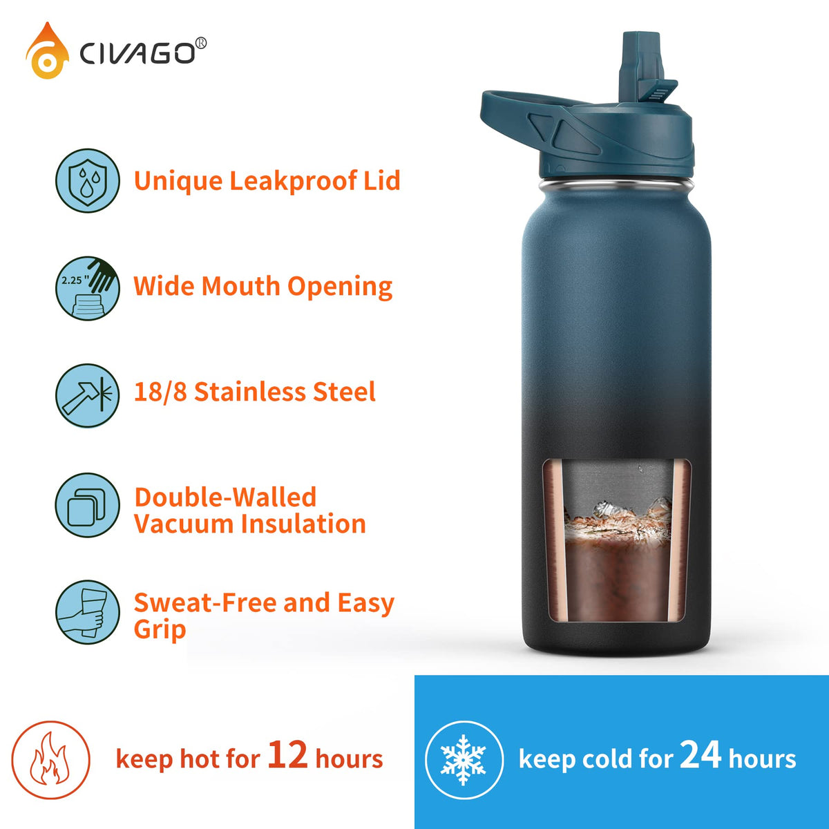 CIVAGO 40 oz Insulated Stainless Steel Water Bottle With Straw and 3 Lids