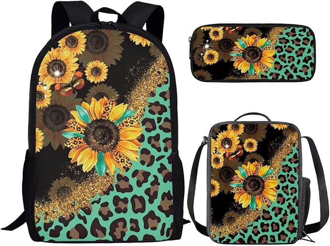 CLOHOMIN Sunflowers Backpack with Lunch Bag Leopard Print Children Book Bag Set of 3 Girls Boys Pencil Case Leakproof Lunch Box for Kids Elementary School Bags and Cooler Bags