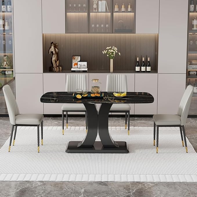 Modern Marble Dining Table Set for 4 - Rectangular Kitchen Table With PU Leather Upholstered Chairs for Dining Room (Light Grey-C, Black)