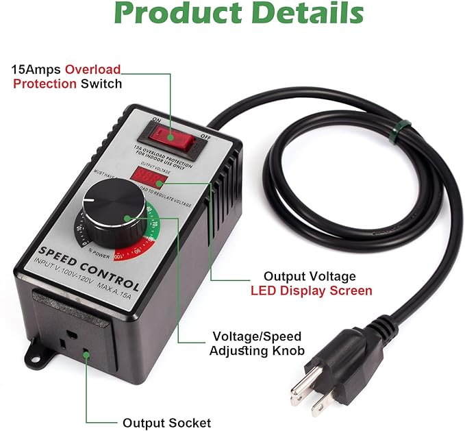 AC Motor Speed Controller 110-120V / 15A Max / 10A Rated Variable Fan Speed Controller AC Electronic Voltage Regulator with Overload Protection Switch & Voltage LED Display Screen