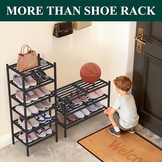 Smiry Small Bamboo Shoe Rack 5-Tier, Stackable Wooden Shoe Organizer for Entryway & Closet, Free Standing Wood Shoe Storage Shelf for Front Door & Small Spaces, Black