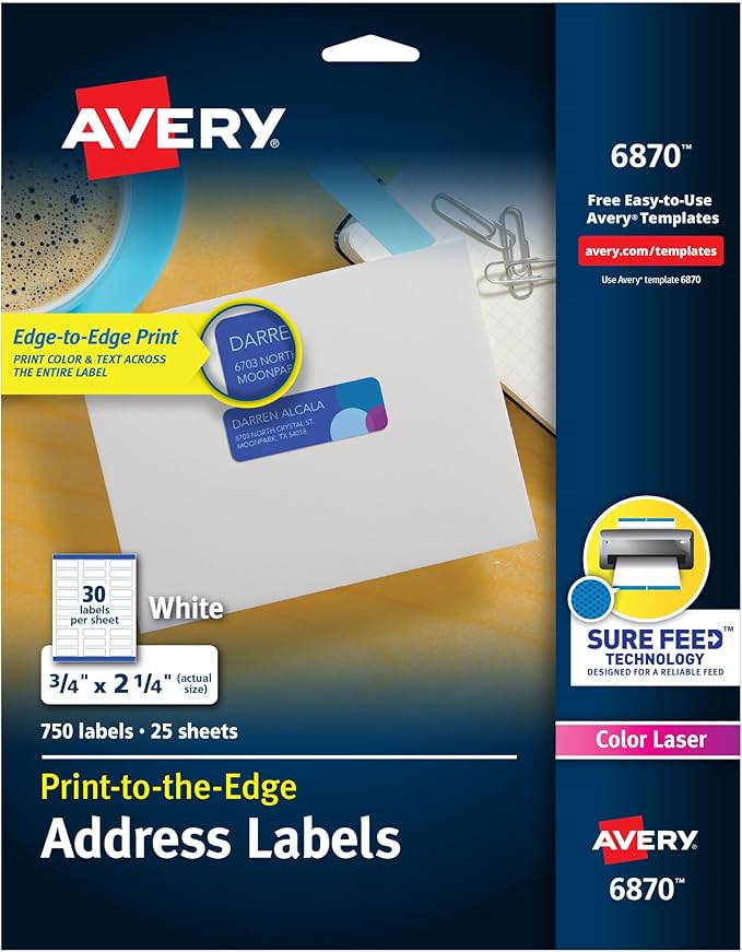 Avery Print-to-The-Edge Printable Address Labels with Sure Feed,0.75" x 2.25",White,750 Blank Mailing Labels (06870),(Pack of 5)