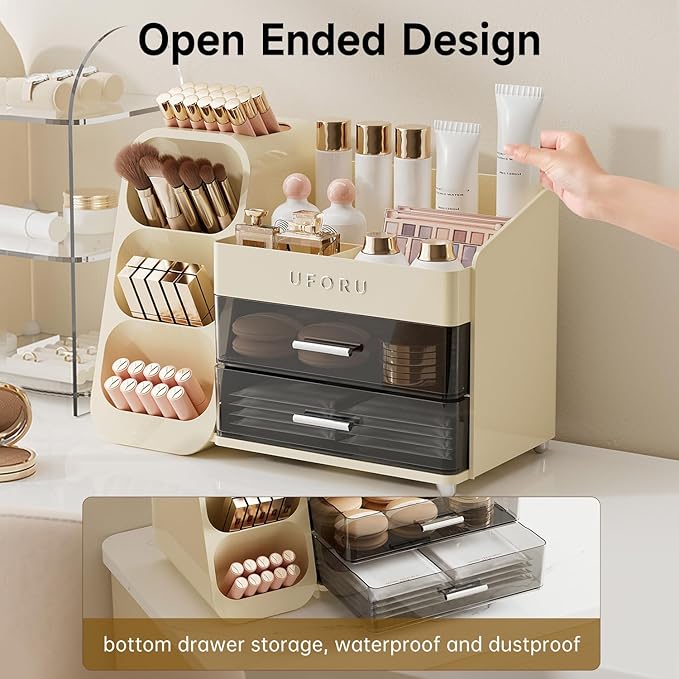 Makeup Organizer for Vanity with Brush Holder, Countertop Organizer with 2 Drawers, Spacious Cosmetic Display Case for Beauty Essential, Skincare, Lipstick