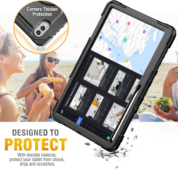 HXCASEAC Case for Samsung Galaxy Tab S10+ Plus / S9 Fe+ / S9+ 5G 12.4 inch Protective with Screen Protector/S Pen Holder/ 360 Rotating Stand Hand Strap - Black