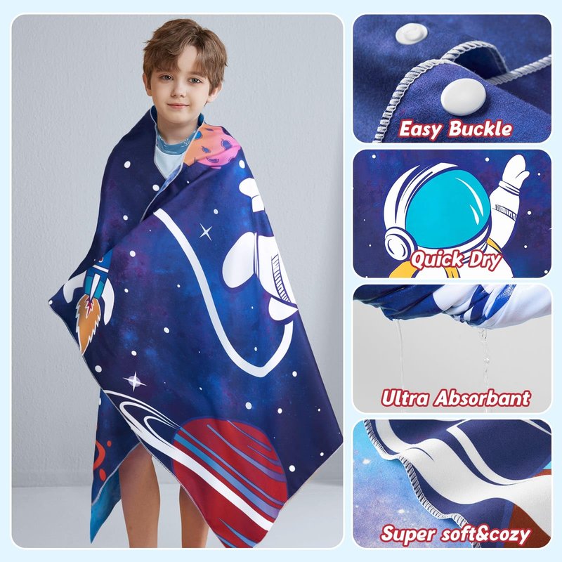 WERNNSAI Space Kids Beach Towel for Boys, 30” x 60” Double-Sided Towel for Kids, Kids Beach Pool Bath Bathroom Swim Towels, Beach Blanket Towel