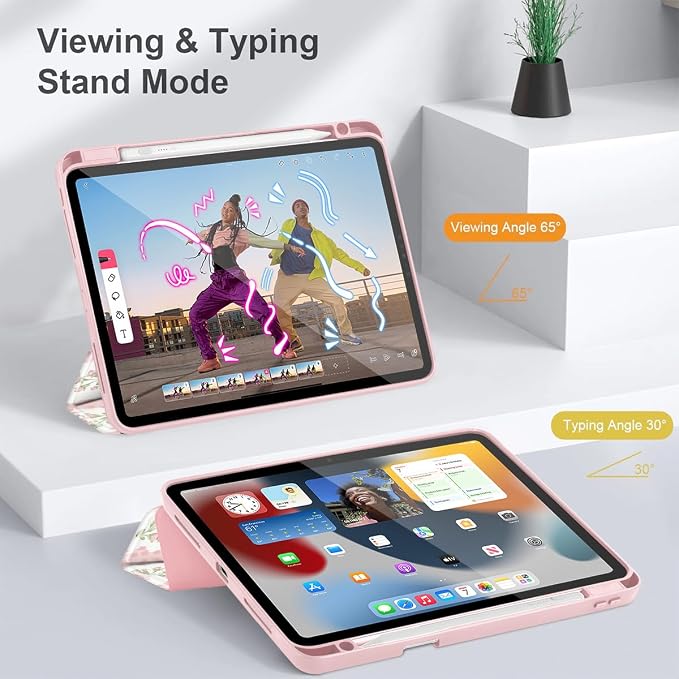 Case for iPad 12.9 Inch (6th/5th/4th/3rd Generation 2022/2021/2020/2018) Pencel Holder + Trifold Support Auto Sleep/Wake Transparent Shockproof Back Cover Abstract Floral SD163
