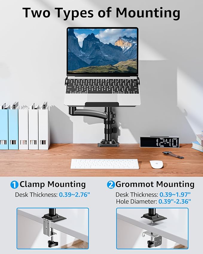 MOUNTUP Laptop Desk Mount, Adjustable Laptop Stand for max 17" Notebook or 32" Monitor, Laptops Arm Mount for Desk Holds 4.4-22lbs, Tall Laptops Stand with Clamp/Grommet