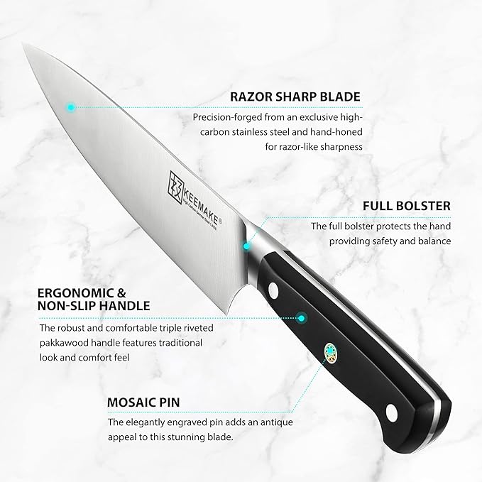 KEEMAKE Kitchen Knife Set with Block, 8Pcs Razor Sharp Chef Knife Set, High Carbon Stainless Steel Knife Block Set with Kitchen Scissors, Cooking Knives for Meat Vegetable Fruit