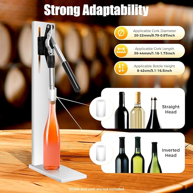 GSHIOIO Wine Bottle Corker Press, Stainless Steel Manual Corker Cork, Bottle Capper for Bottling, Wine Bottle Inserting Stopper Tool with 2 Pom Heads for Wineries, Bars, and Restaurants