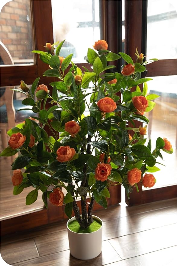 Artificial Camellia Tree 35in Faux Floral Plant with Red Flowers and Green Leaves - No Maintenance Indoor Outdoor Office Home Porch Decor Housewarming Gift(2 Pack - RED)