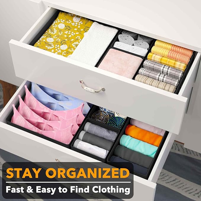 SpaceAid Drawer Organizer for Clothes, 6 Pack Dresser Drawer Organizer Bins, Closet Organizers and Storage Dividers for Clothing, Underwears, Socks (Black)