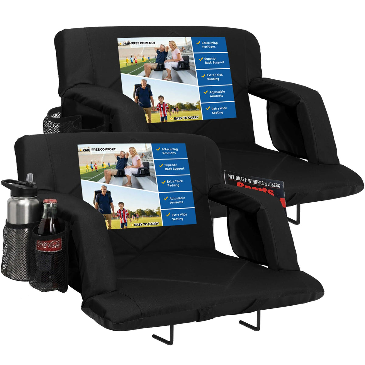 Sheenive Stadium Seat with Back Support (2 Pack) - 2.8'' Thick Comfy Cushion, Wide Padded Reclining Bleacher Seat with Armrests - Includes Backpack Strap, Carry Handle, 2 Cup Holders & 2 Large Pockets