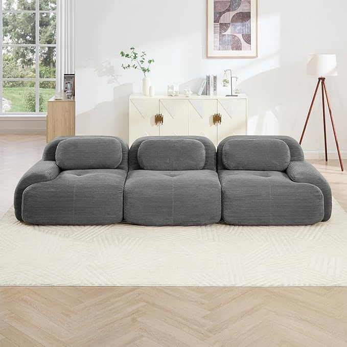 116" Modern Compressed Boneless Couch, 3 Seater Sectional Couches for Living Room, Gray Corduroy Cloud Modular Sectional Sofa, Comfy Memory Foam, Extra Deep, Sofas para Sala, No Assembly