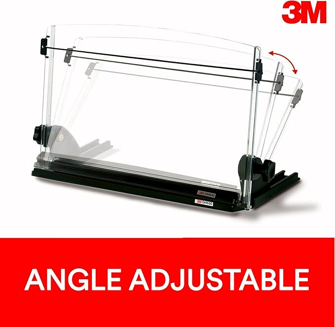 3M Adjustable Document Copy Holder, In-line with Monitor Minimizing Head and Neck Movement, 150 Sheet Capacity Holds Sheets to Books, Elastic Line Guide Keeps Pages Open, 14" Wide, Black (DH630) - Black/Clear