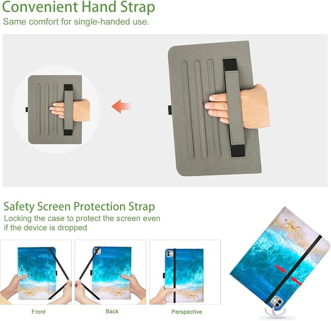 Vimorco for iPad Pro 11-inch Case M5/M4 2025/2024 for iPad Pro Case 11 Inch M5/M4 Pencil Holder/Hand Strap/Pocket/Screen Protection Band 3 Adjustable Angles Auto Sleep/Wake Beach Blue Ocean