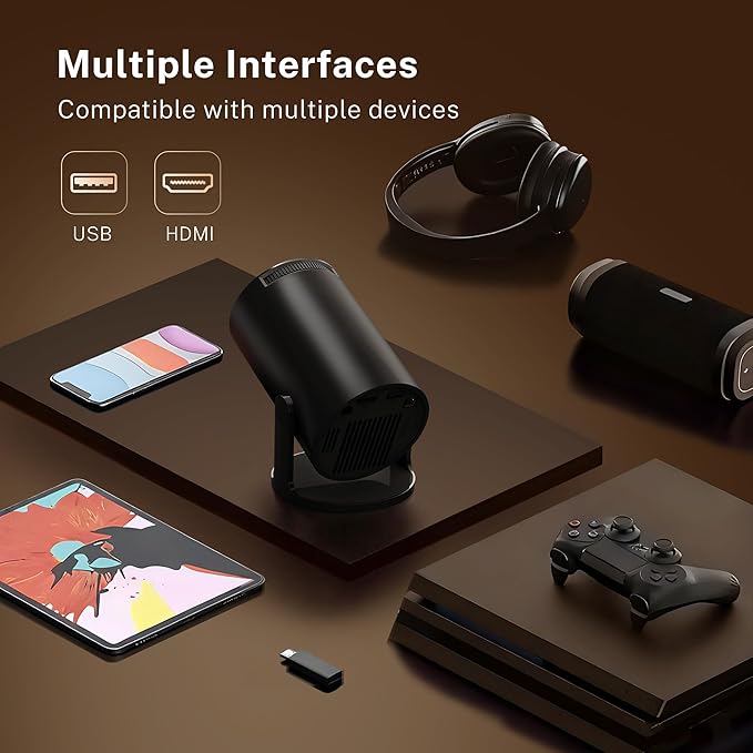 Mini Projector with WiFi 6 and Bluetooth 5.4 Built-in Android 11, 1080P 4K Support Portable Projector, Auto Vertical Keystone, LYNCAST 180° Rotatable Projector for Home,Outdoor OptiBarrel 500 Black