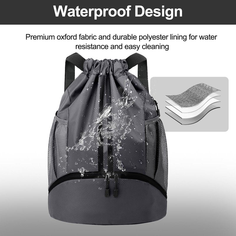 Hoedia Sports Drawstring Backpack - String Swim Gym Bag with Shoes Compartment and Wet Proof Pocket for Women and Men, Dark Grey