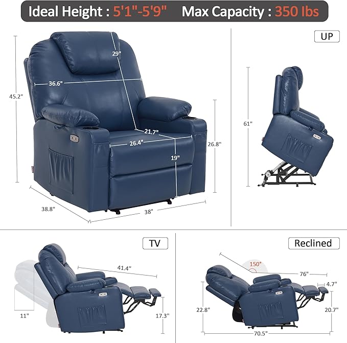 MCombo Extra Wide Power Lift Recliner Chair for Elderly, Lift Chair with Heat and Massage for Big People, USB&Type C Ports, Cup Holders, Faux Leather R7045 (Blue, Medium-Wide)