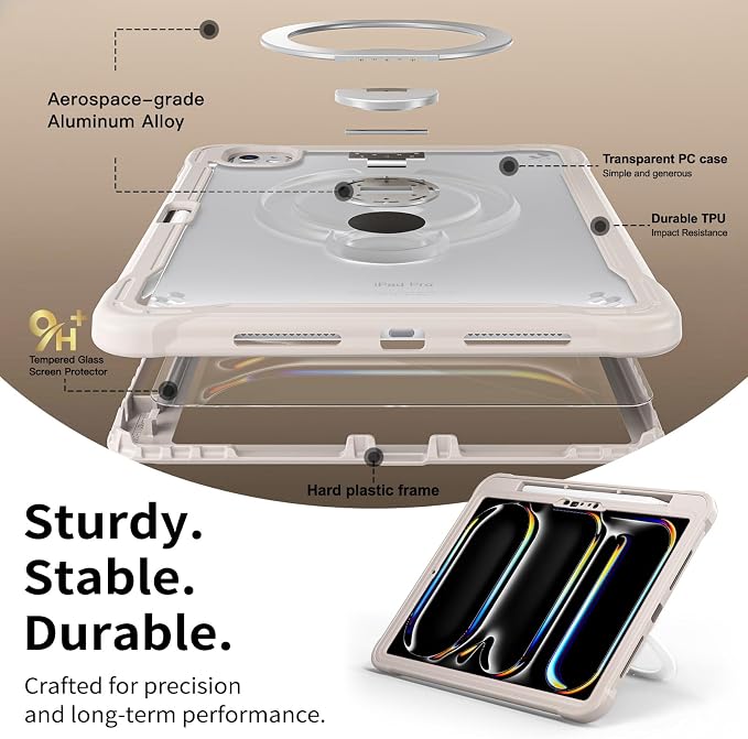 Lunivop Compatible with iPad Pro 11 Inch Case (M5/M4) 2025/2024 with 360° Rotating Aluminium Stan Stand Built-in 9H+ Hardness Screen Protector Military - Grade Tablet Cover Black