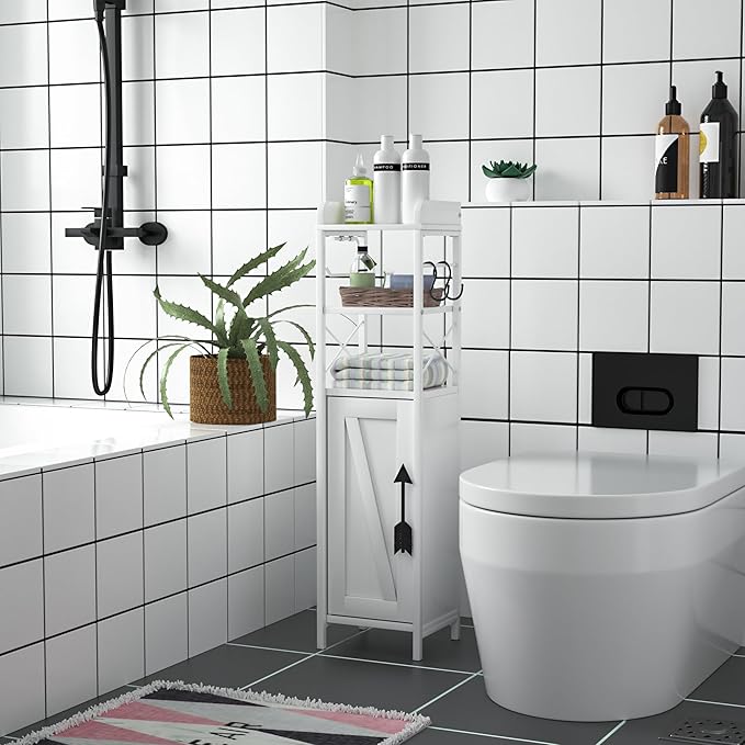 VECELO Small Bathroom Cabinet,Slim Toilet Paper Holder with Door & 2 Shelves,Narrow Storage Organizers Fenced Top Waterproof Coating for Restroom Bathroom in Tiny Space,White