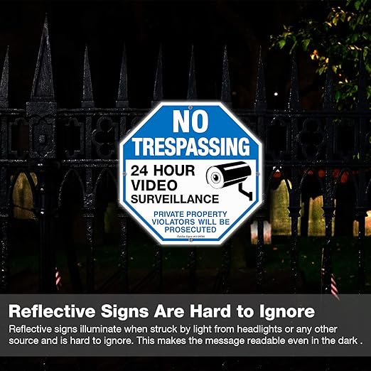 4-Pack No Trespassing Sign Private Property Protected By Video Surveillance Violators Will Be Prosecuted Sign, 12 x 12 Inch Reflective Aluminum, UV Protected, Weather/Fade Resistant, Easy to Install
