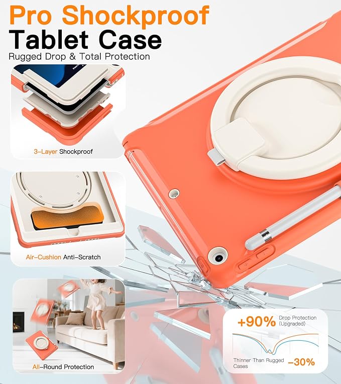 BATYUE Shockproof Case for iPad 9th 8th 7th Gen 10.2 Inch Black | 3in1 PC+TPU Heavy Duty 360° Rotatable Ring Stand for Grip Carry Hang &amp Multi-Angle View Screen Protector Pencil Holder