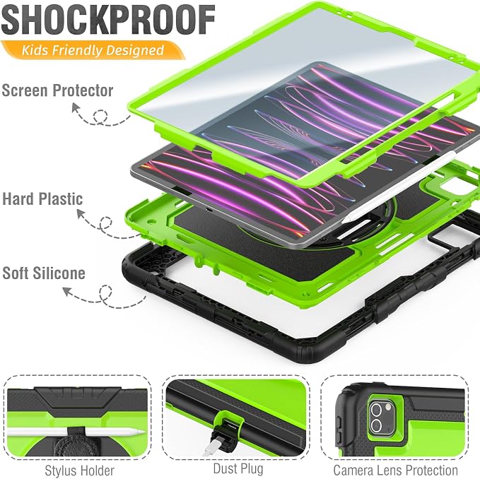 HXCASEAC Case for iPad Pro 12.9 Case (6th 5th 4th 3rd Generation) Shockproof Design | Pencil Holder | Hand Strap | Screen Protector | Heavy Duty Protective iPad 12.9 inch 2022/2021/2020/2018 - Black