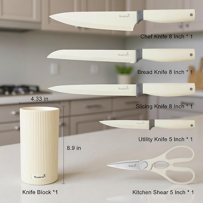 KUISINE 6-Piece Kitchen Knife Set with Block, High Carbon Stainless Steel