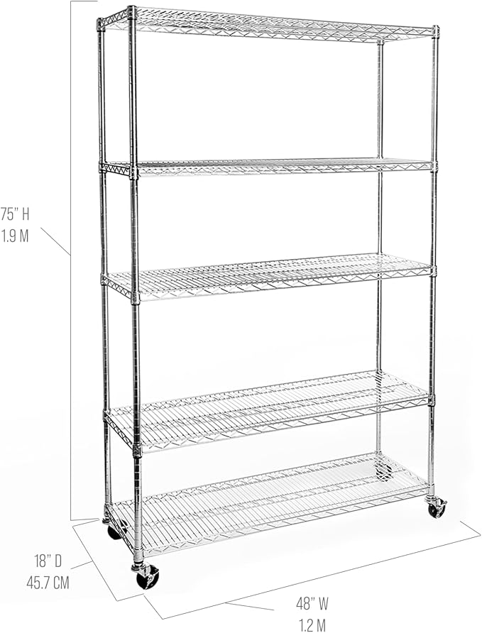 Seville Classics UltraDurable Heavy Duty NSF Solid Steel Wire Rack Storage Unit Organizer for Garage, Warehouse, Office, Restaurant, Classroom, Kitchen, 5-Tier Shelving, 48" W x 18" D