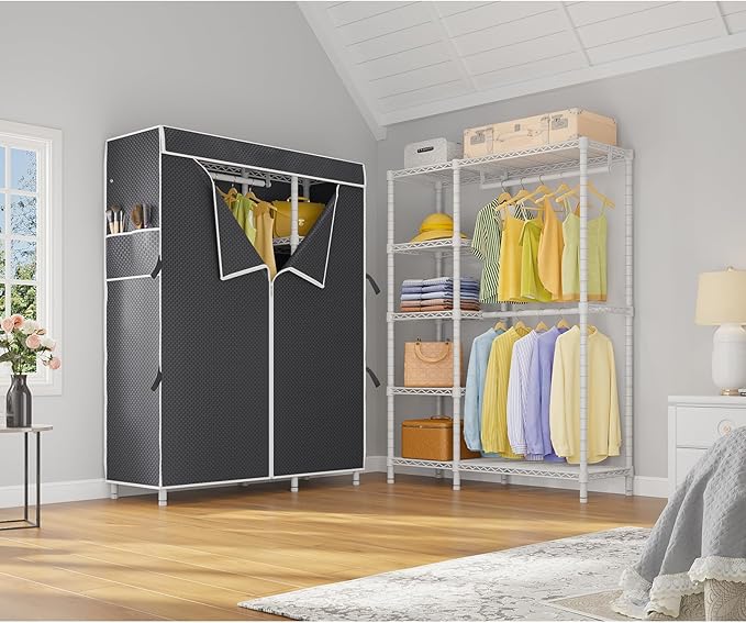VIPEK V7C Garment Racks with Cover Portable Closets for Hanging Clothes, Heavy Duty Clothes Rack with Shelves Metal Closet Wardrobe, Max 670lbs, White Rack with Black Upgraded Polyester Cover