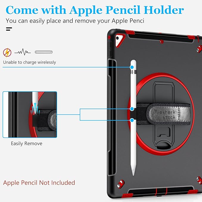 iPad Pro 12.9 Case 2nd Generation 2017 & 2015 1st Generation, Heavy Duty Rugged TPU Protective Cover with Screen Protector- Stand + Handle Hand & Shoulder Strap + Pencil Holder- Red+Black