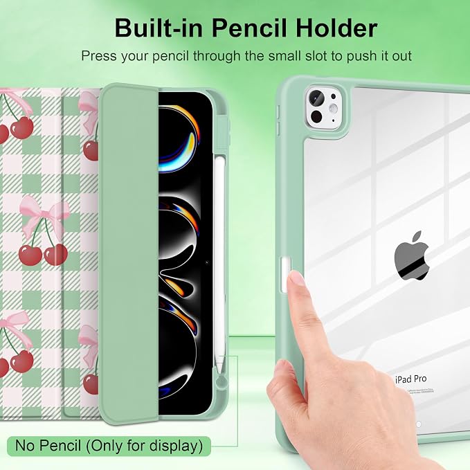 DONGKE for iPad Pro 11-Inch Case (M5 2025 / M4 2024) 6th/5th Generation [Auto Sleep/Wake &amp Pencil Pro Holder] Clear Acrylic Back Smart Trifold Stand Cover Bear &amp Cherry