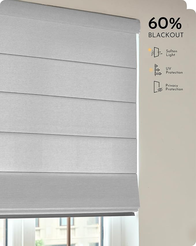 Graywind Smart Roman Shades 60% Blackout Compatible with Alexa Google Rechargeable Motorized Blinds Remote Plain Fold, Custom Size (Light Filtering Matelasse Grey)