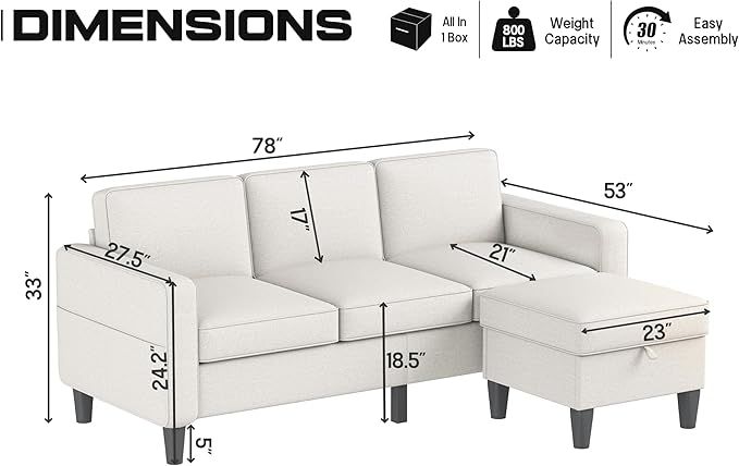 ZeeFu Couch for Living Room - 78'' 3 Seat L-Shaped Sectional Sofa Couches with Storage Ottoman - Modern Small Space Upholstered Furniture Sofa Set for Office Small Space Apartment Bedroom